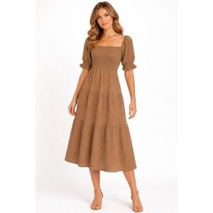 OPT Tiered Babydoll Midi Dress M Puff Sleeve Square Neck Smocked Polka Dot Gauze